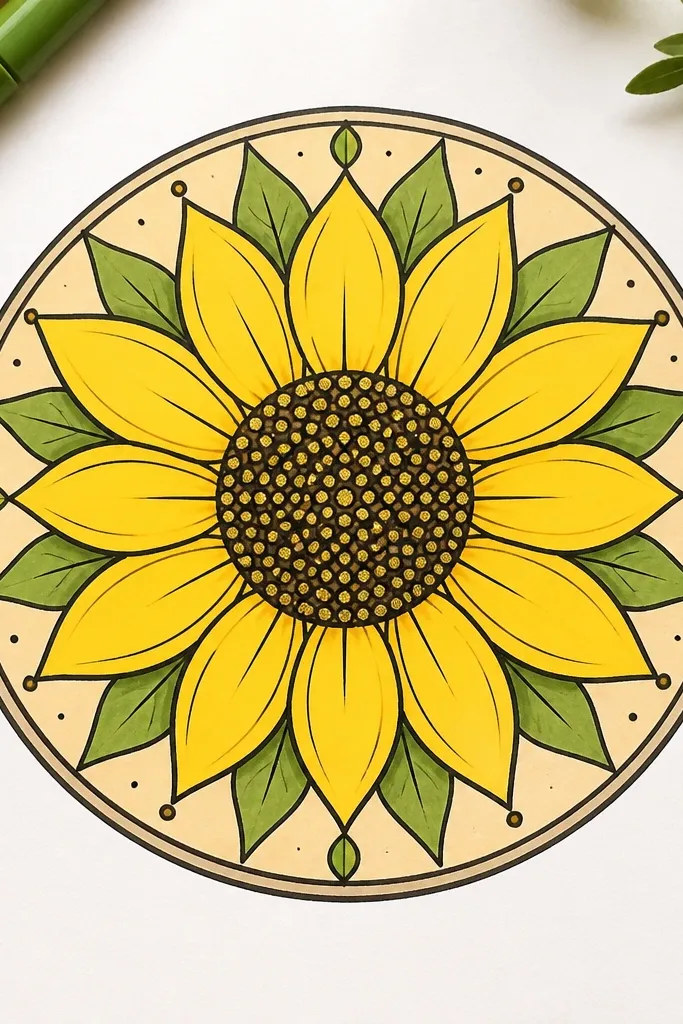 Matte pencil sunflower mandala with glitter gel seed dots in the center