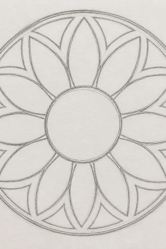 Sunflower mandala drawn with sharp negative-space petals and white gaps on light paper