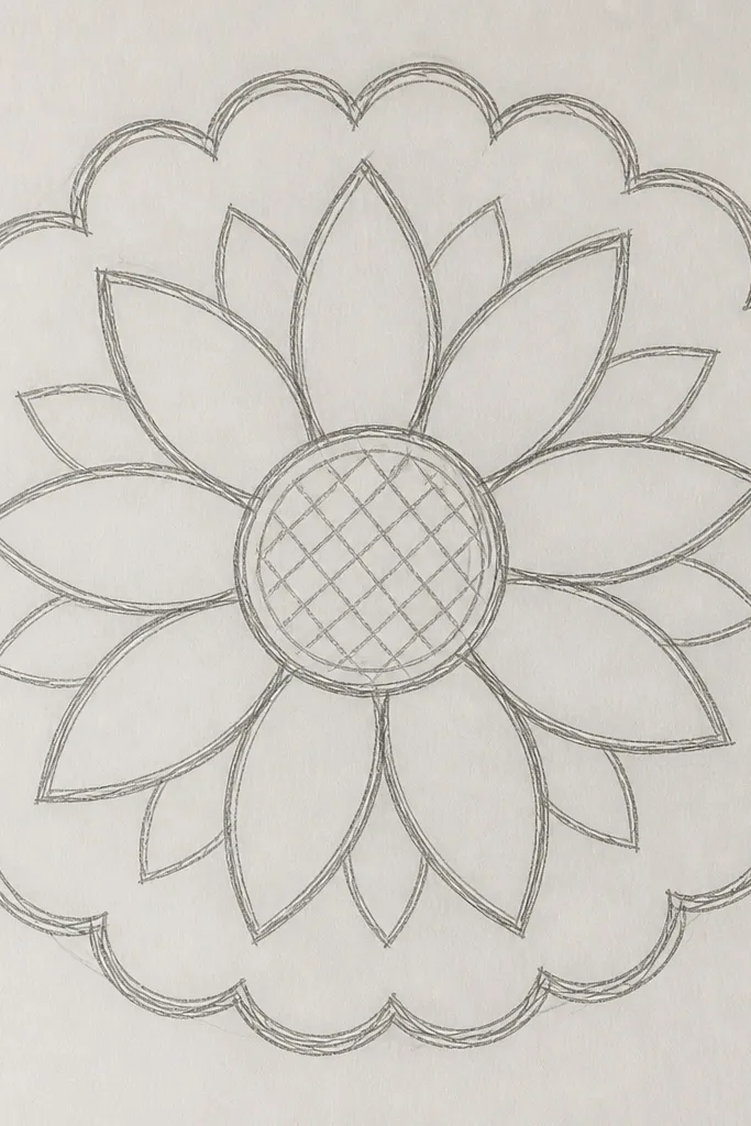 Sunflower mandala centered in a scalloped border frame on off-white paper