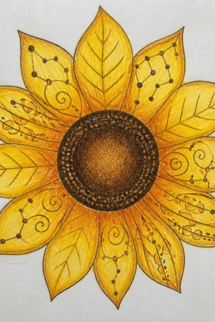 Zentangle sunflower mandala with patterned petals and tiny dot clusters