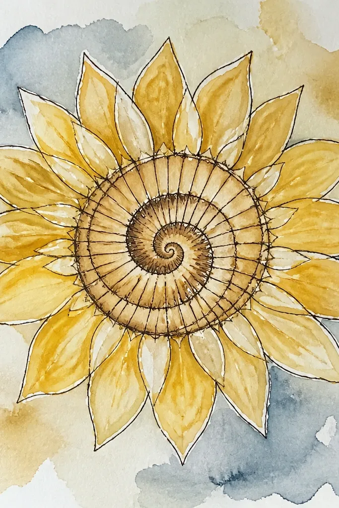 Sunflower mandala with double spiral seed center and feathered pencil shading