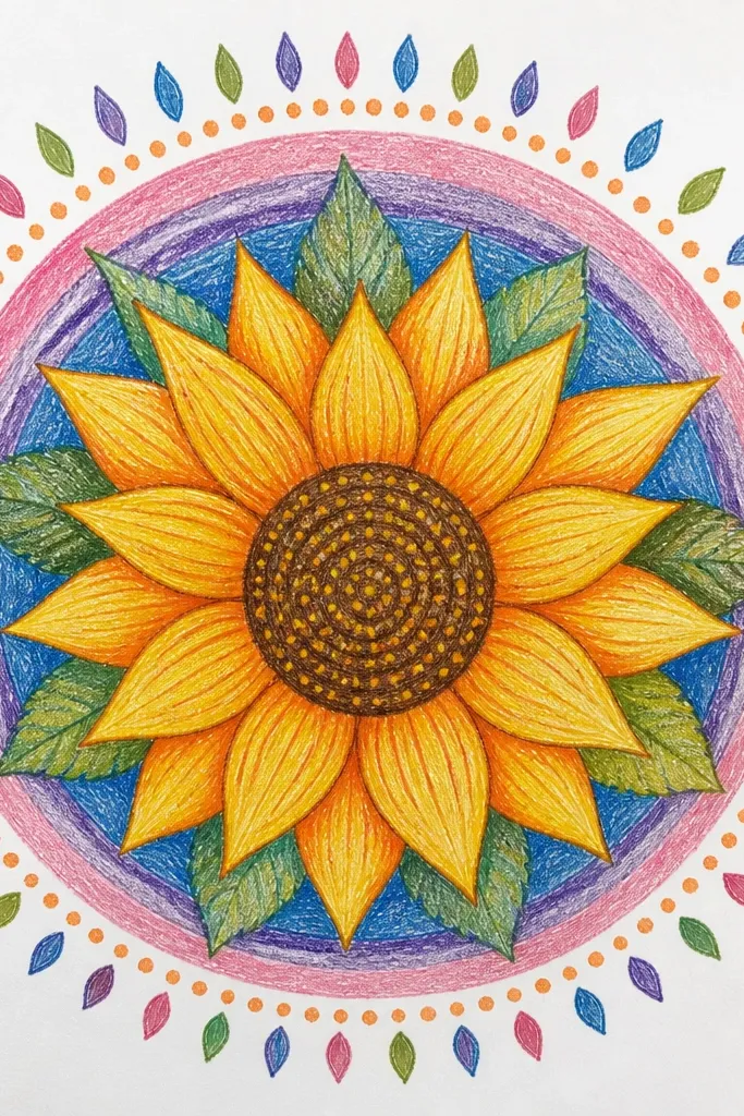 Sunflower mandala with halo rings made of alternating lines and dots