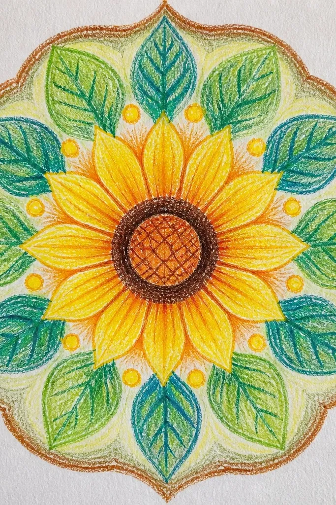 Sunflower mandala with pastel green leaf accents around the petals