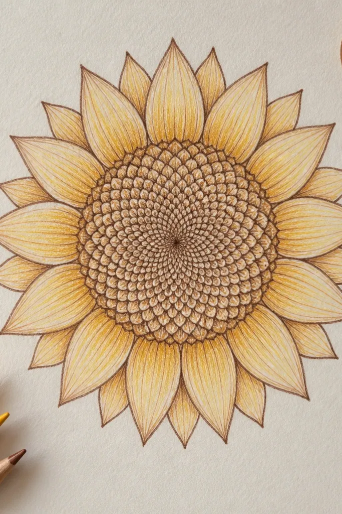 Sepia ink sunflower mandala with tiny handwritten-looking seed marks