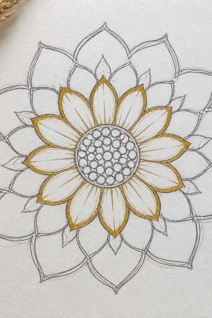 Black pencil sunflower mandala with gold gel highlights on petals