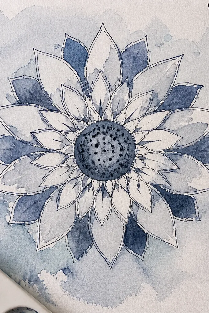 Blueprint-style blue lines sunflower mandala on white paper