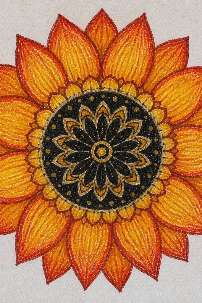 Orange pencil sunflower petals with black rosette rings and dark seed center