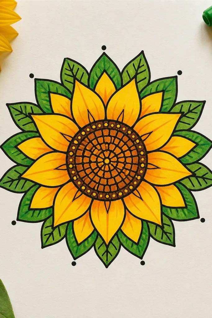 Sunflower mandala with dot-grid mosaic seed center and clean ring petals