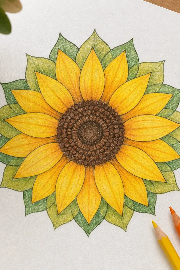 Sunflower mandala drawn with color pencil and light watercolor wash on petals
