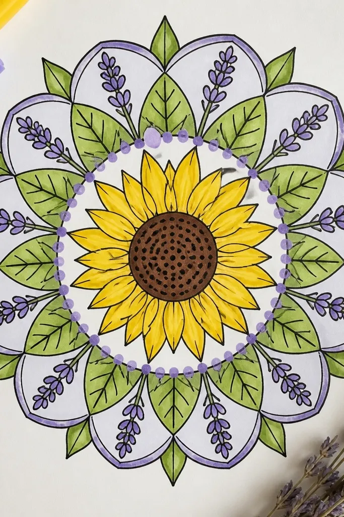 Sunflower mandala with lavender accents and green botanical leaves on cream paper