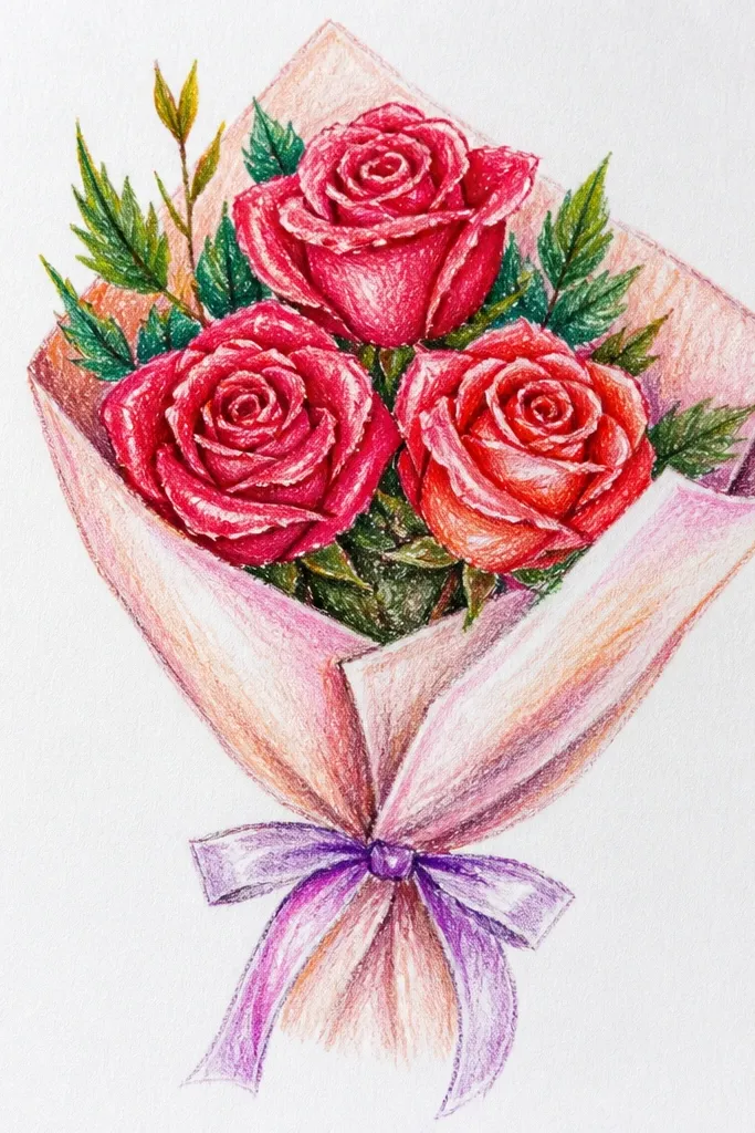 Three pastel roses with a flowing ribbon banner and small leaves