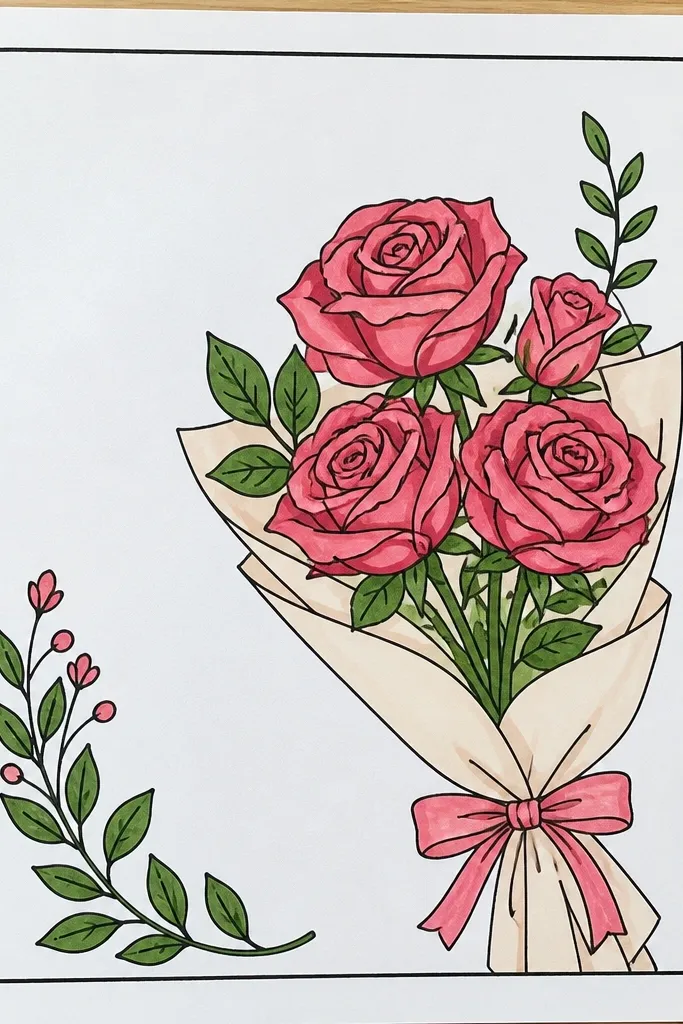 Roses and greenery in the top corner with a light rectangular frame
