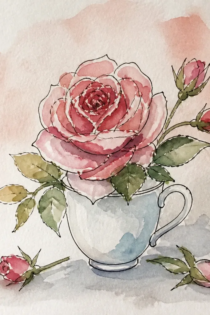 A teacup holding one rose with small bud flowers around it