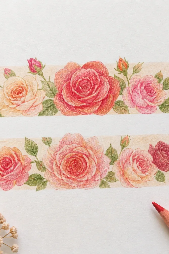 Washi tape strips holding a small rose bouquet with confetti dots