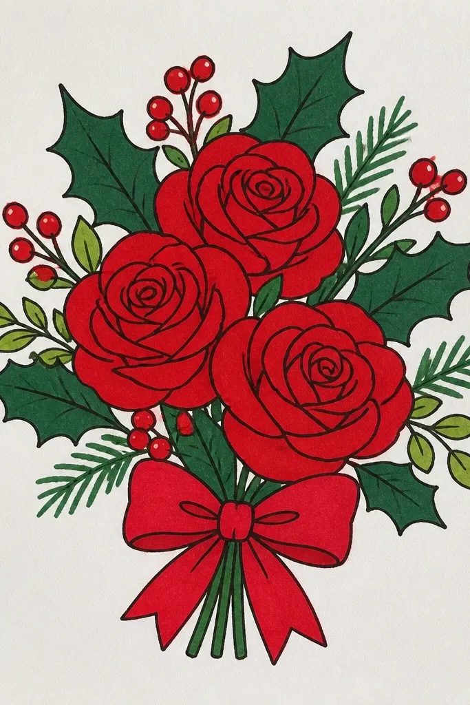 Red roses with green holly leaves and small red berries in a bouquet cluster