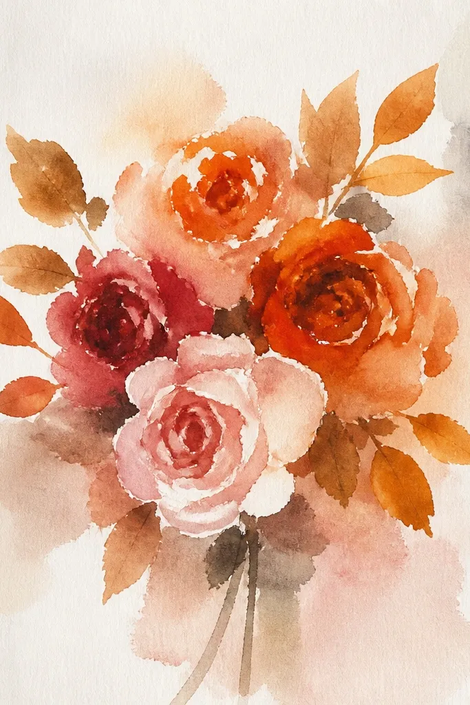 Warm orange and brown roses with fallen leaf shapes around the bouquet