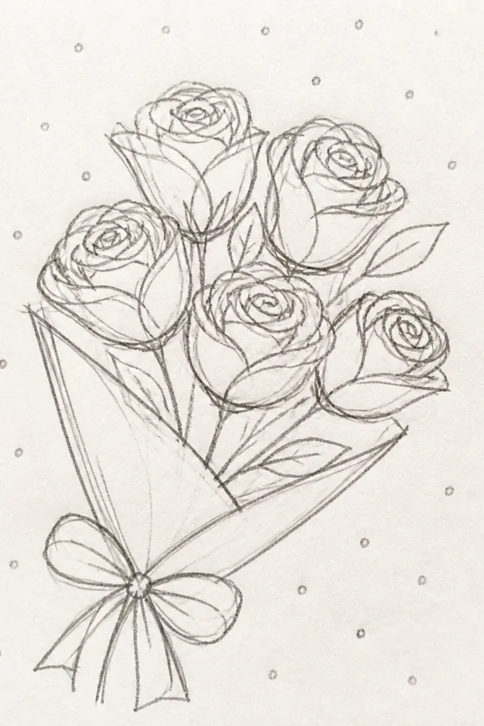 Three thin-line roses with small leaves on a dotted background