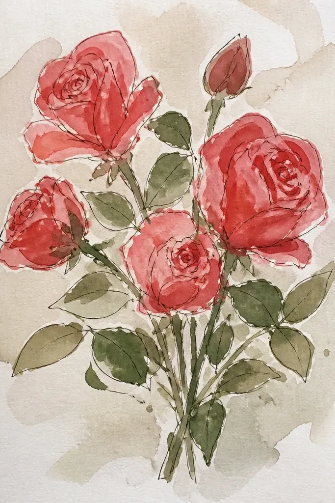 Ink-drawn roses surrounded by soft watercolor wash in pastel tones