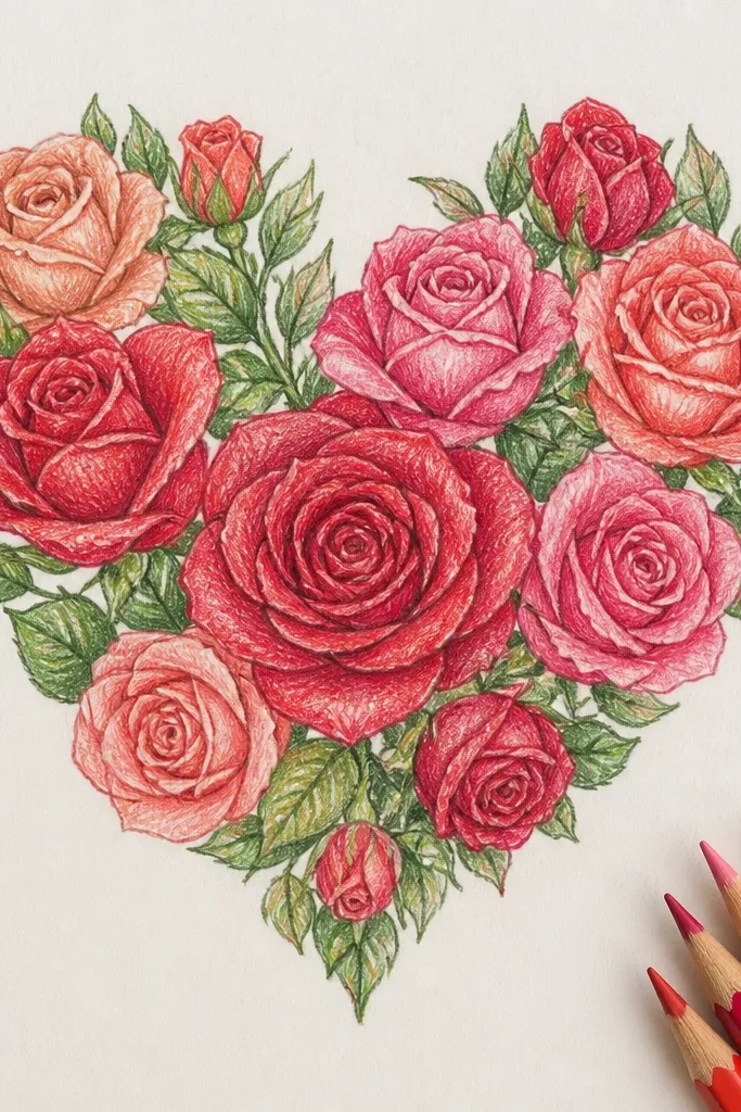 A heart outline filled with three roses and small leaves