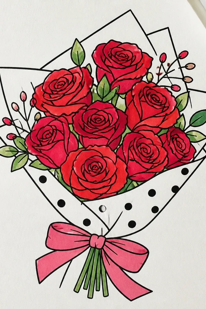 Roses on top of a polka-dot background with a simple ribbon wrap