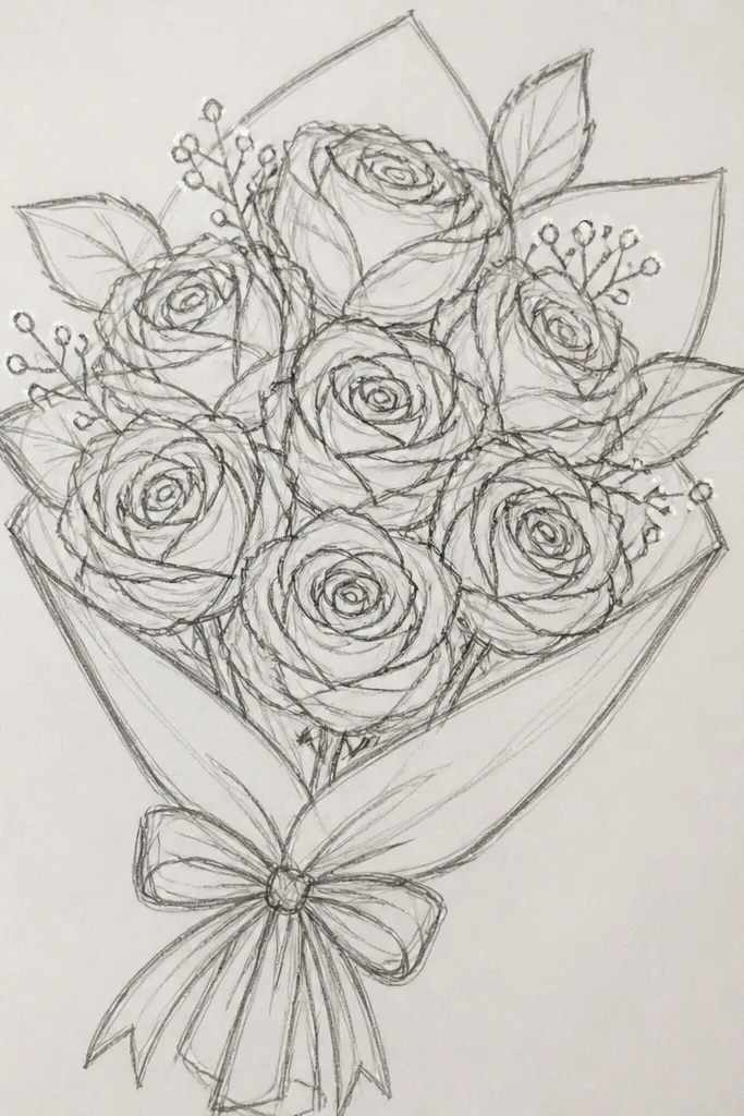 Black ink roses with white gel highlight dots and a light leaf outline