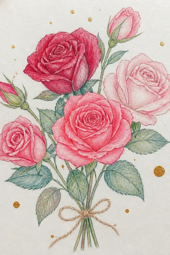 Roses surrounded by gold-like dot accents around a ribbon