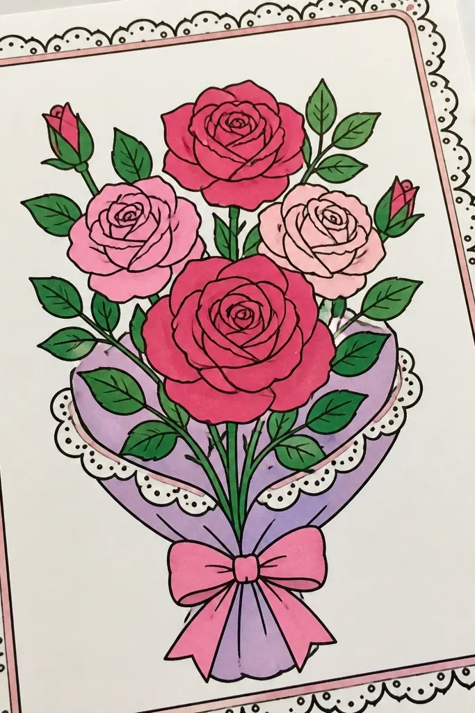 A lace-like border with a small rose bouquet in the center