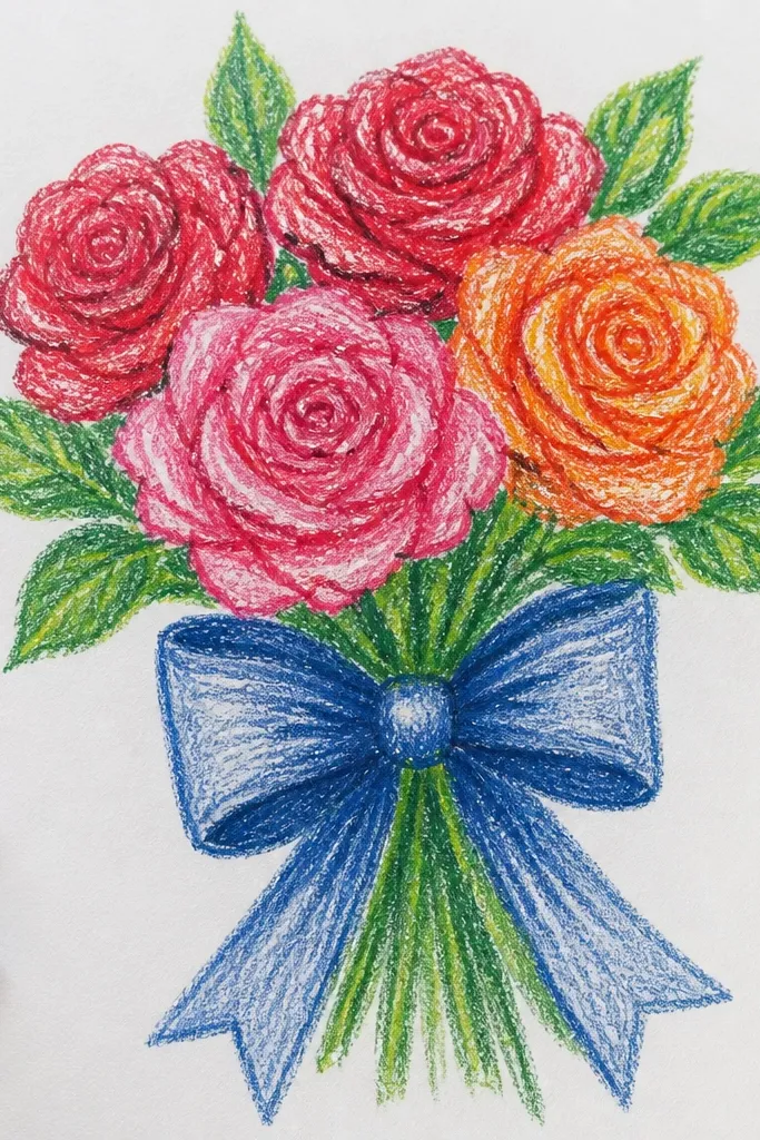 A ribbon bow over a rose bouquet with a small bow knot detail