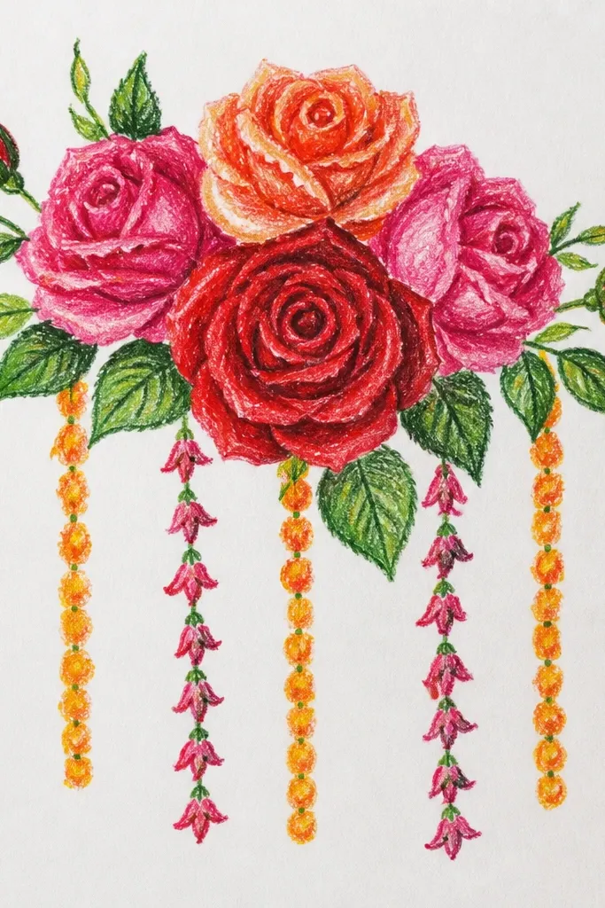 Roses with two hanging garland strings and tiny buds along the strands