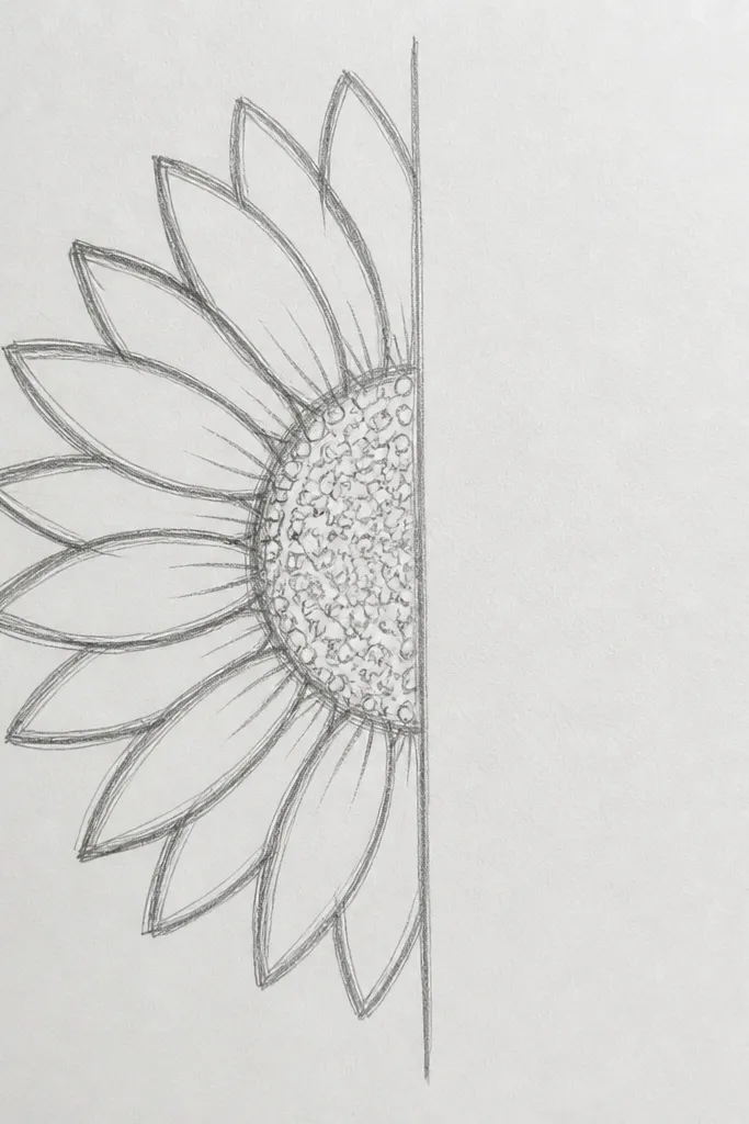 Half sunflower cropped by a straight vertical line, with bold seed texture and clean petals