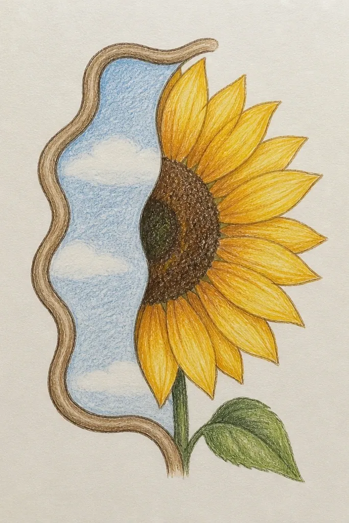 Half sunflower head rising from a wavy arch window shape, with dark seeds and simple stem