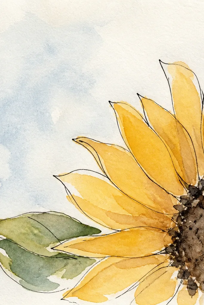 Sunflower cropped diagonally in the top corner with a long stem and a few small buds