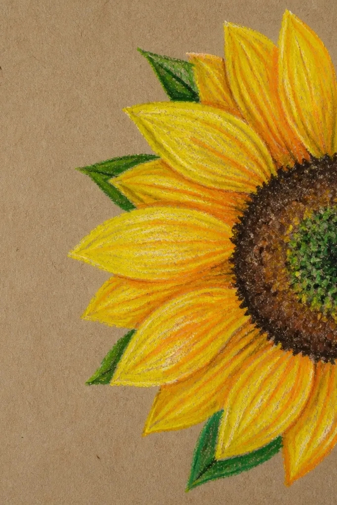 Half sunflower drawn on kraft paper with dark seeds and visible paper grain