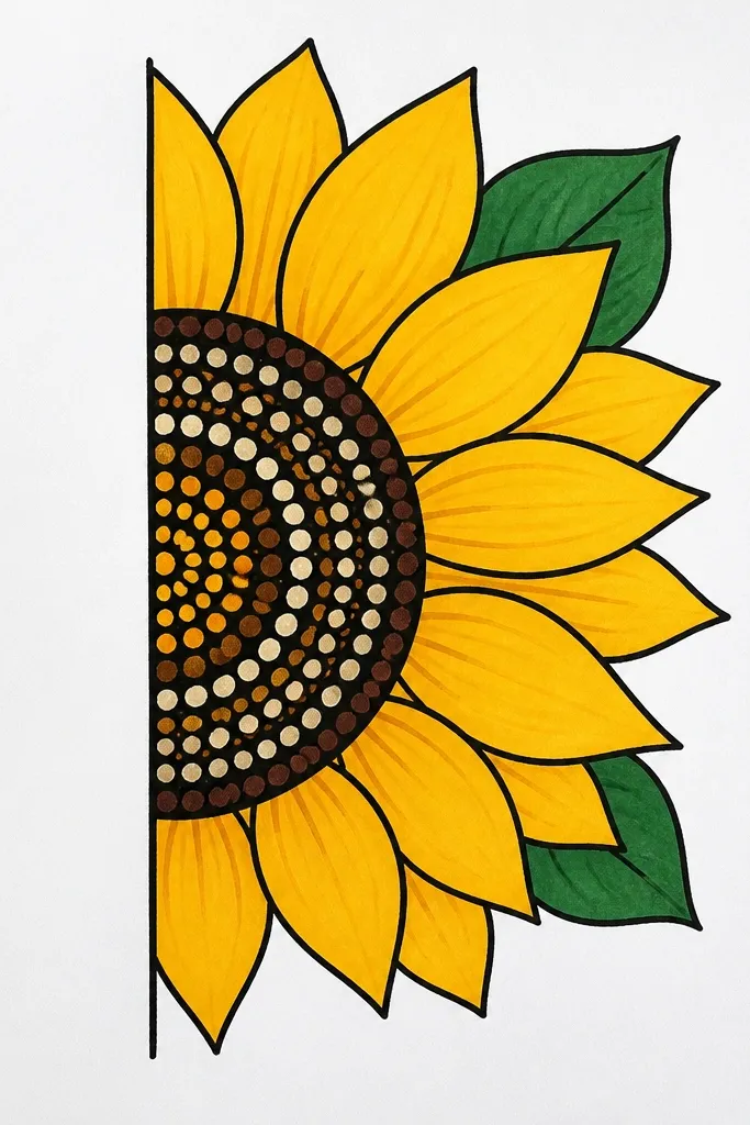 Half sunflower with seed center made of dotted rings and a few thick petal outlines