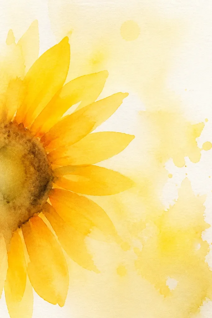 Half sunflower outlined in ink with a lemon yellow watercolor splash behind it