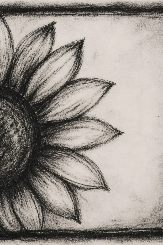 Half sunflower drawing inside a chalky rectangle border with textured seed shading