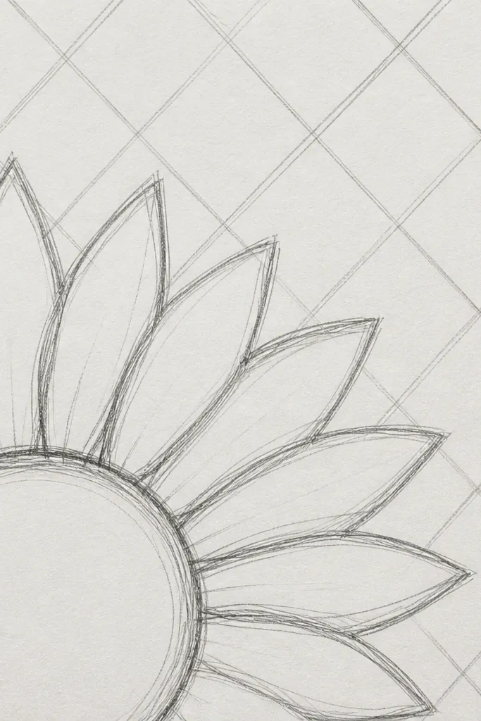 Half sunflower with a diagonal background grid and textured seed center