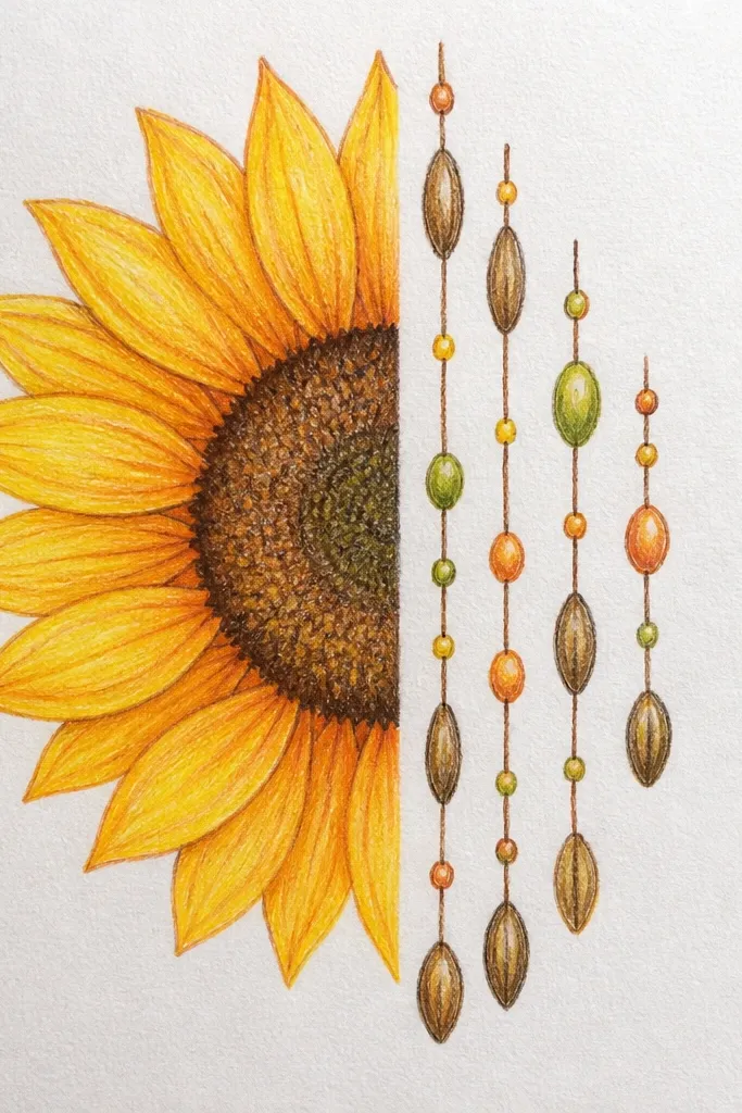 Half sunflower with seed center and a few dangling bead-like seed shapes below
