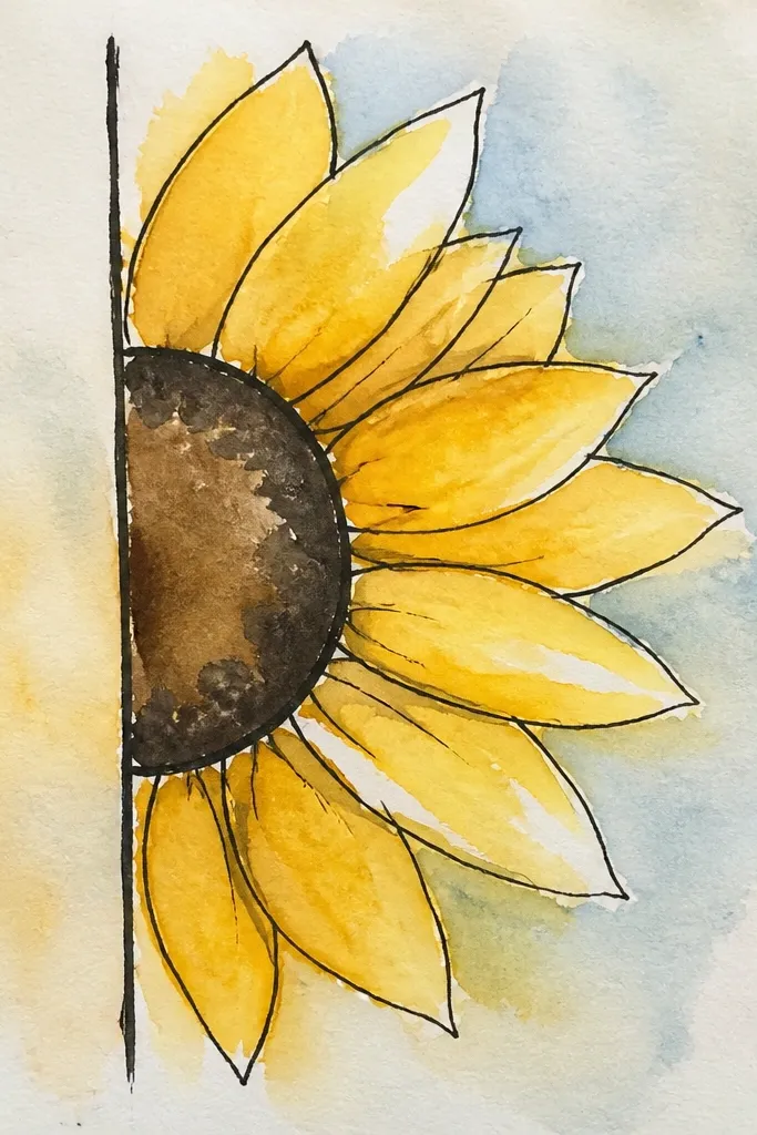 Half sunflower head outlined with a thick black rim and minimal interior lines