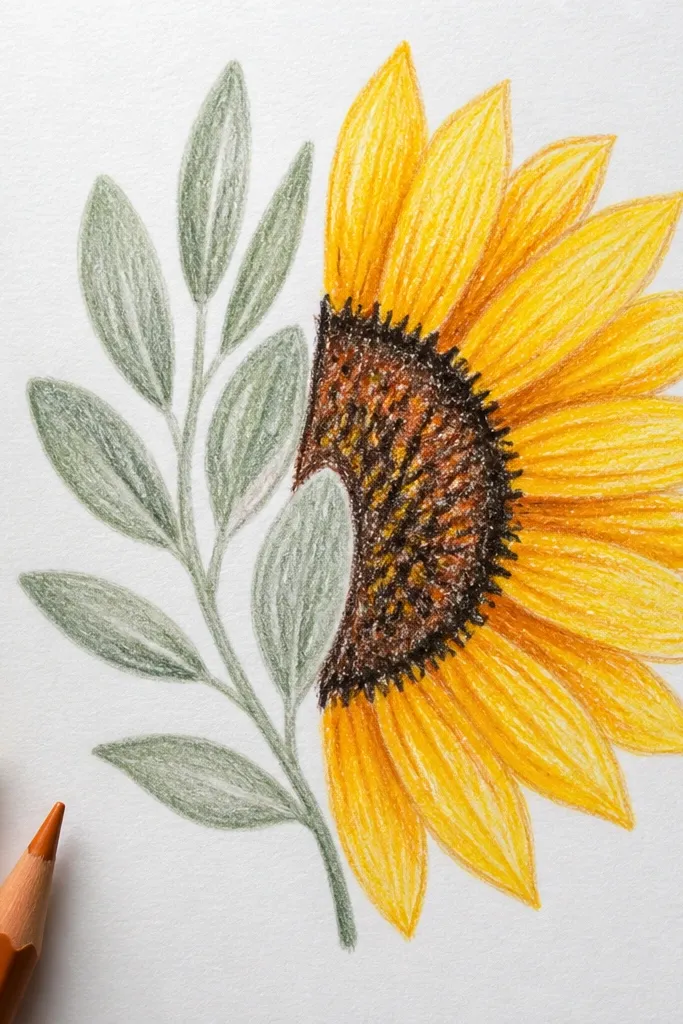 Half sunflower with a muted sage leaf silhouette behind the petals and a thin stem