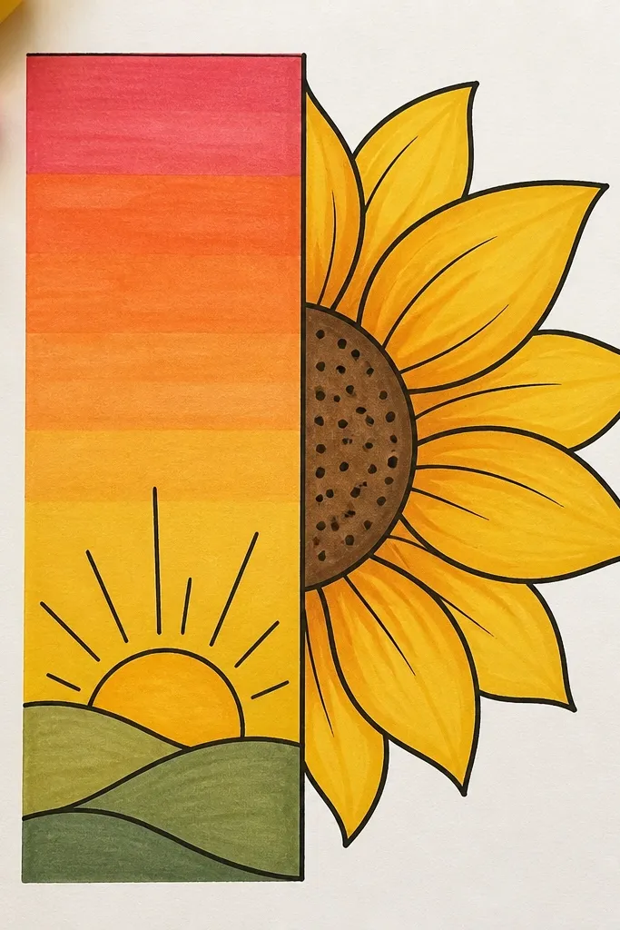 Half sunflower cropped on the side with a sunrise gradient behind it