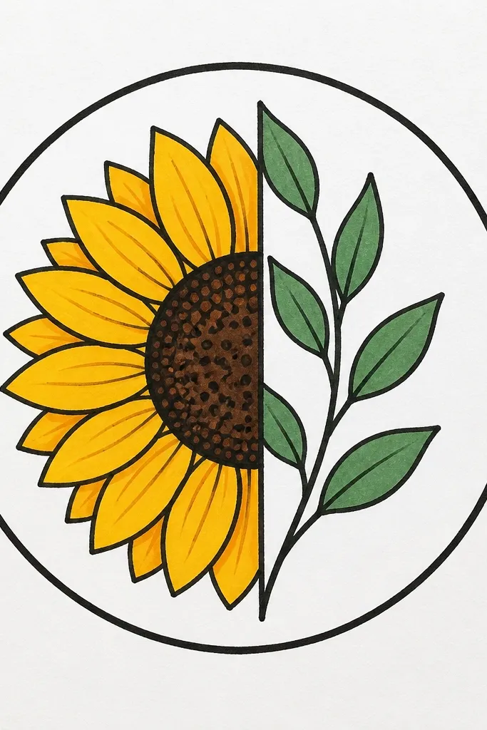 Half sunflower head inside a thick circle border, with dotted seed texture