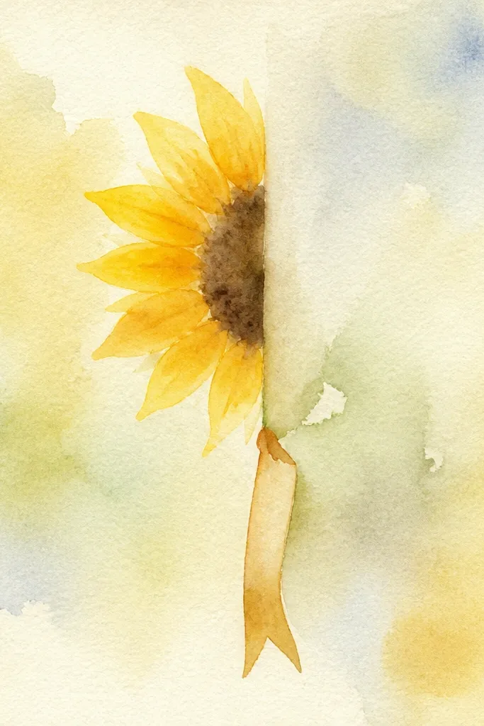 Half sunflower with a ribbon banner hanging below, simple ink outlines and shaded seeds