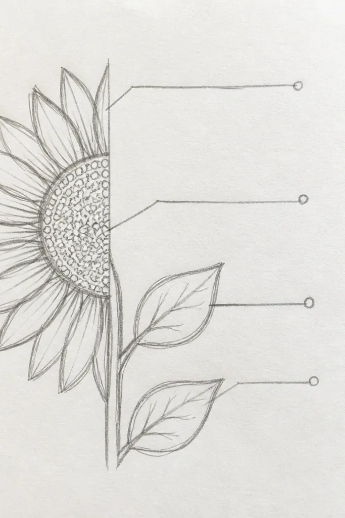 Half sunflower with a hand-drawn label box and arrow pointing to the seed center