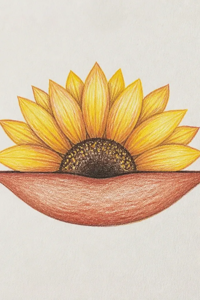 Half sunflower emerging from a horizontal drawer-lip shape, with crisp petals and textured seeds