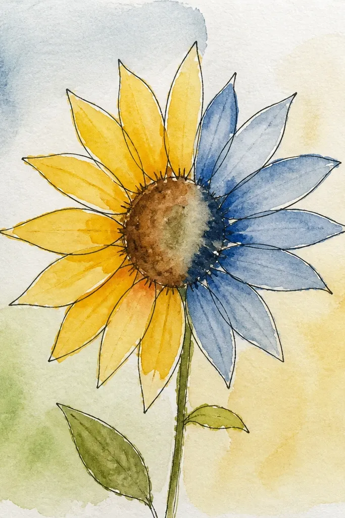 Half sunflower with petals split between warm yellow and burnt orange tones