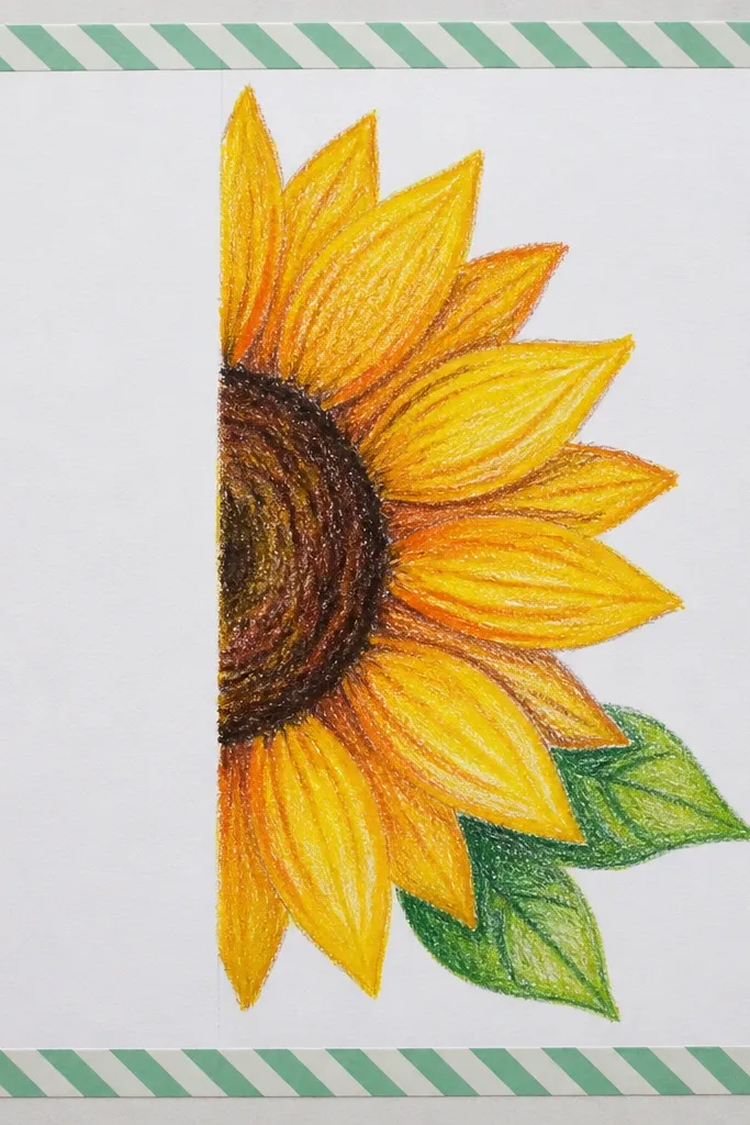 Half sunflower drawing inside a border made of simple striped tape shapes