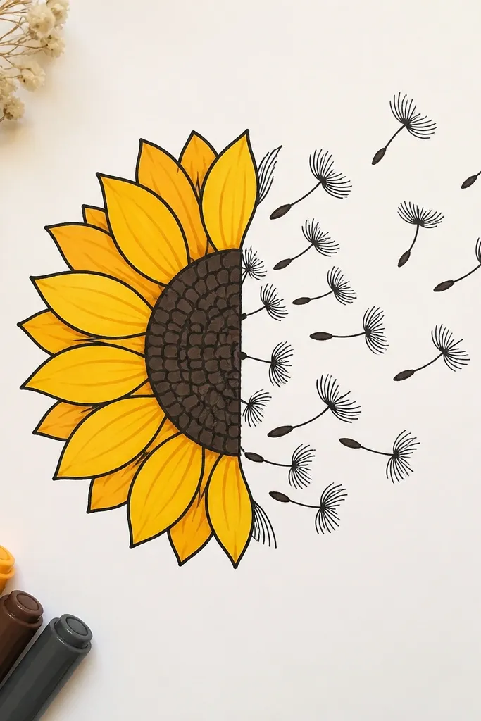 Half sunflower with seeds shaded in a feathered gradient and clean petal outlines