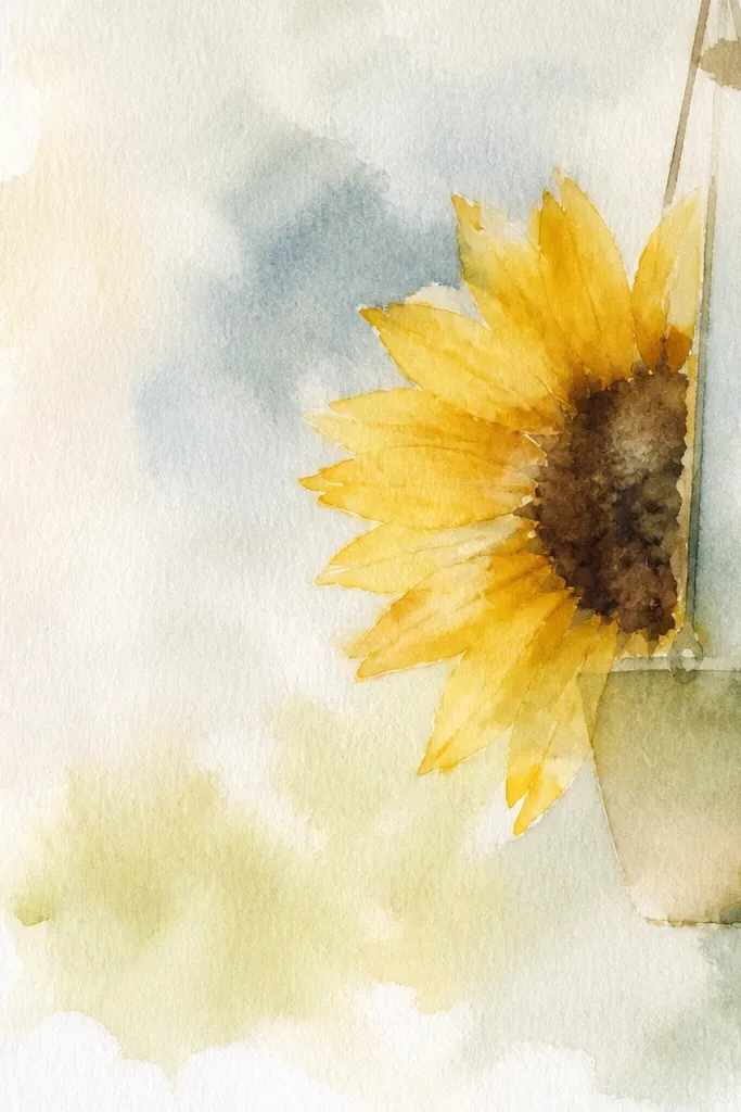 Half sunflower growing from a simple hanging pot shape with two short strings
