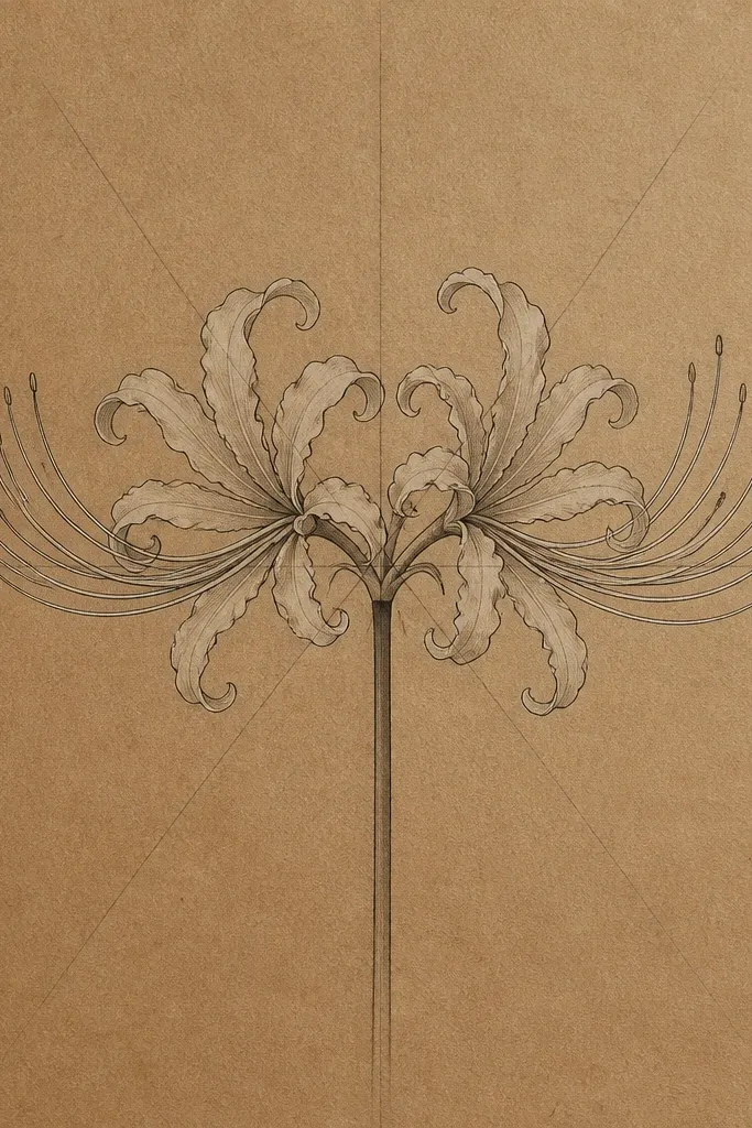 A single spider lily centered on warm brown kraft paper. Light pencil guides show the center axis and six petal rays. The petals are drawn in fine black liner with soft grey shading at overlaps, and the stamens form a delicate fan of short lines.